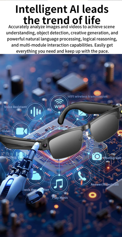 800W Pixel Camera Smart Glasses Photo Video Record BT Call Al Object Recognition Voice Assistant Translation Music Sunglasses
