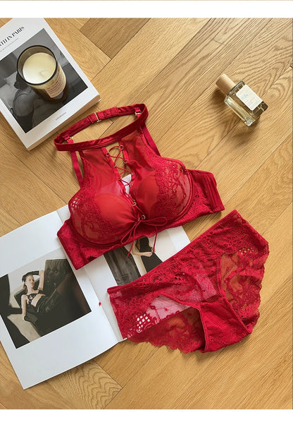 Luxury French Lace Halter Bra Small Chest Push-Up Sheer Bralette Seductive Allure Black Lingerie Set Wire-Free Comfort MOYISU AB
