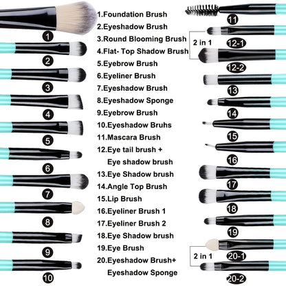 20Pcs Makeup Brush Set Eyeshadow Eyeliner Brushes Foundation Concealers Powder Blush Blending Beauty Tool with Makeup Sponge Kit