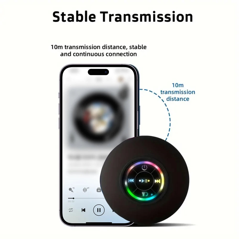 LED Portable Wireless Bluetooth Speaker, IPX4 Waterproof with Large Suction Cup, Mini Loudspeaker for Bathroom, Outdoor & Travel