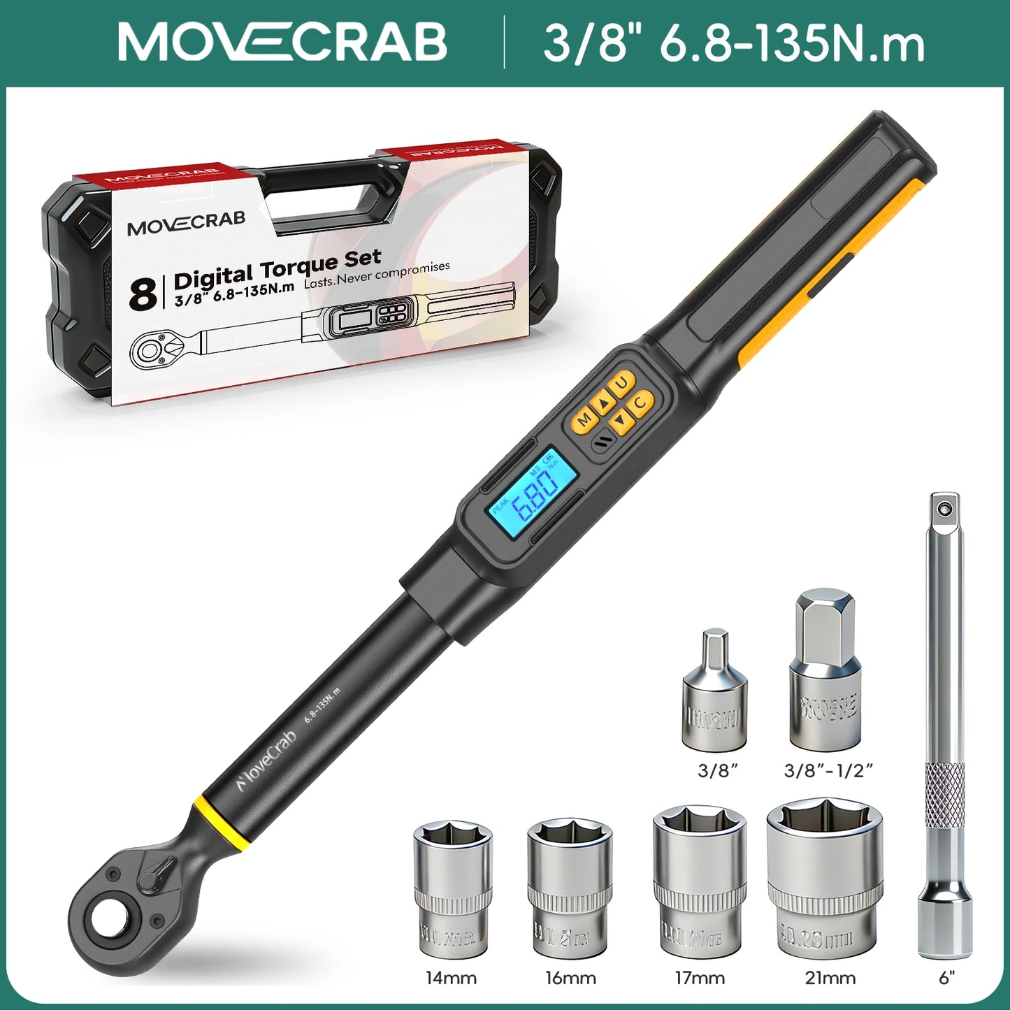 MOVECRAB Series Digital Torque Wrench 1.5-340N.m 2% Accuracy Preset Values with Buzzer, LED Flash & HandleVibration Notification