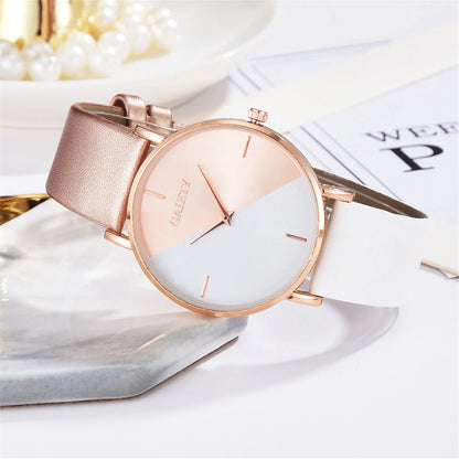 Women'S Watch Set Luxury Fashion Light Luxury Geometric Stitching Quartz Style Pu Leather Strap Round Dial Women'S Gift