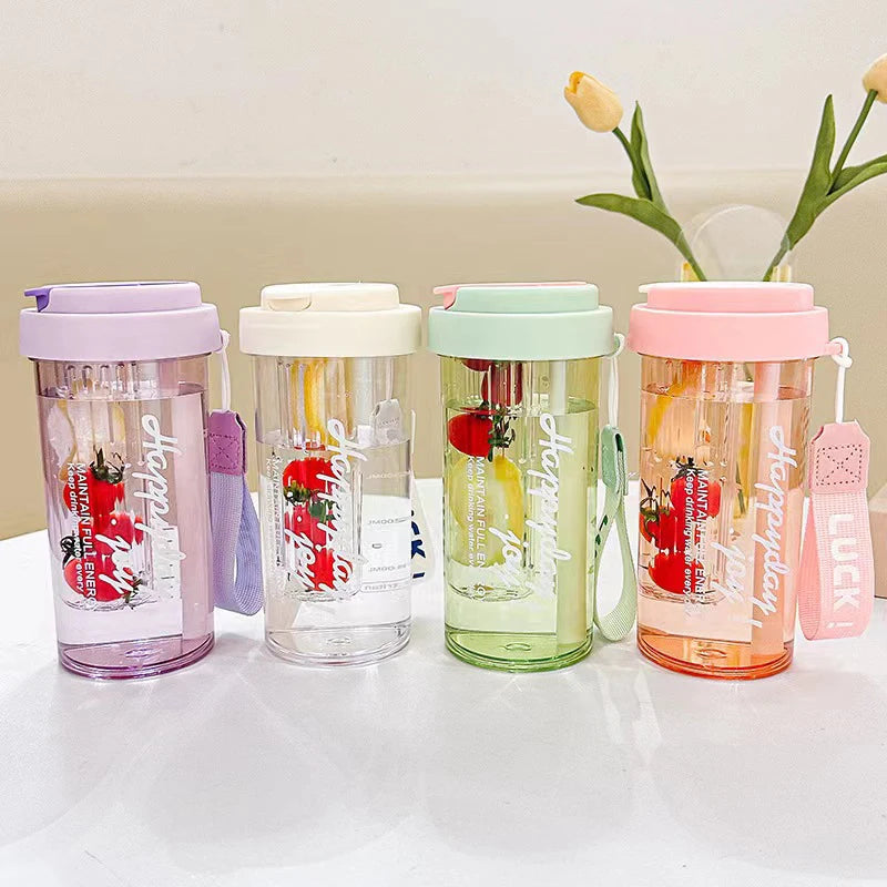 600ML Water Cup Handy Sports Water Bottle Food Grade Material Tea Partition Water Cup Female Straw Summer Portable Bottle