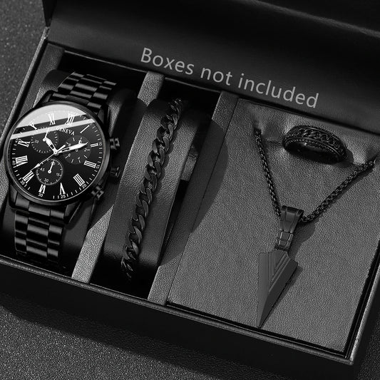 4PCS Black Men's Watch Set Business Trend Fashion Roman Digital Scale Dial Quartz Watch Bracelet Necklace Ring Set Perfect Gift