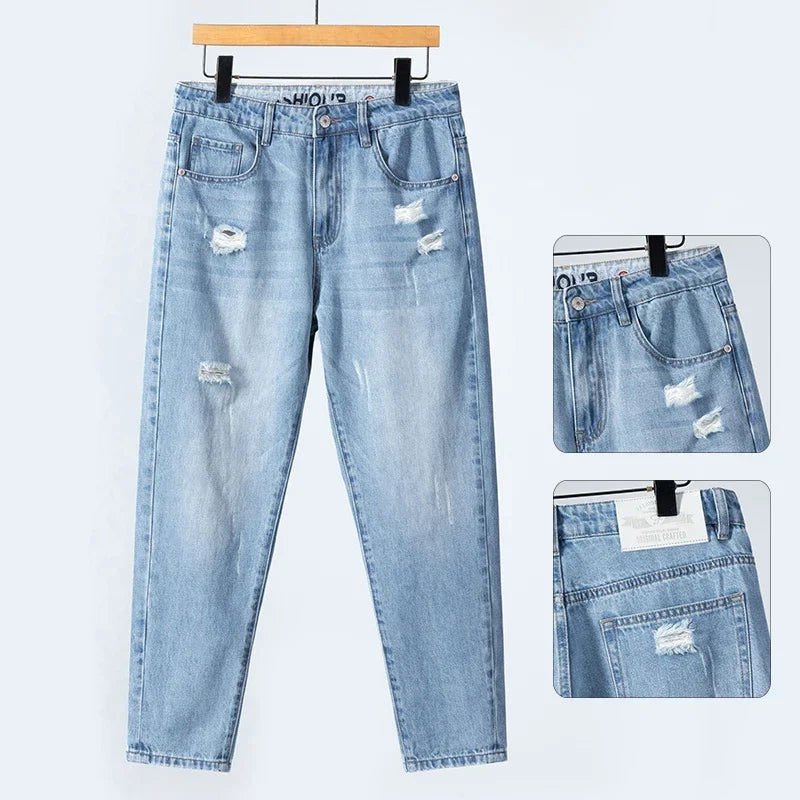 Summer Thin Ripped Jeans Mens Straight Breathable Washed Denim Trousers Casual Streetwear Harlen Ankle Length Pants Light Blue