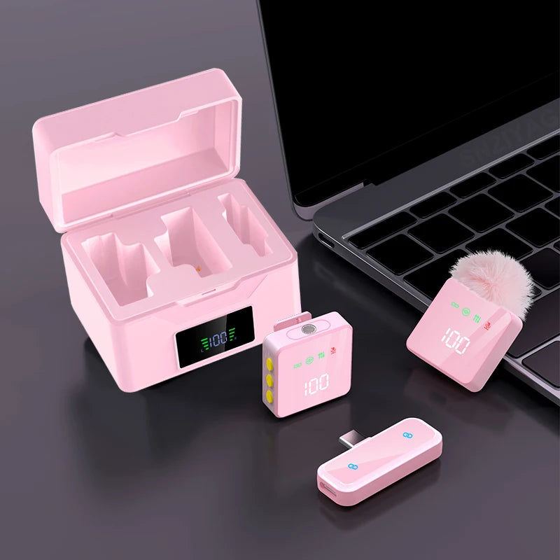 Pink&Black Plug and Play Wireless Lavalier Microphone MINI MIC With Charging Case For Smartphone Live Streaming/Video Recording
