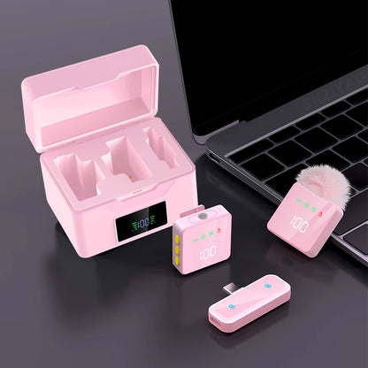 Pink&Black Plug and Play Wireless Lavalier Microphone MINI MIC With Charging Case For Smartphone Live Streaming/Video Recording