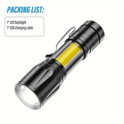 LED+COB Portable Flashlight Zoomable Small Torch USB Rechargeable Outdoor Camping Fishing Long Range Camping Emergency Lantern