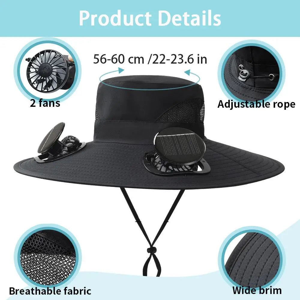 New Multi-Function Solar Fan Sun Hat - Waterproof Fishing Hat with Built-In USB Charging & Wide Brim for UV/Heat Protection