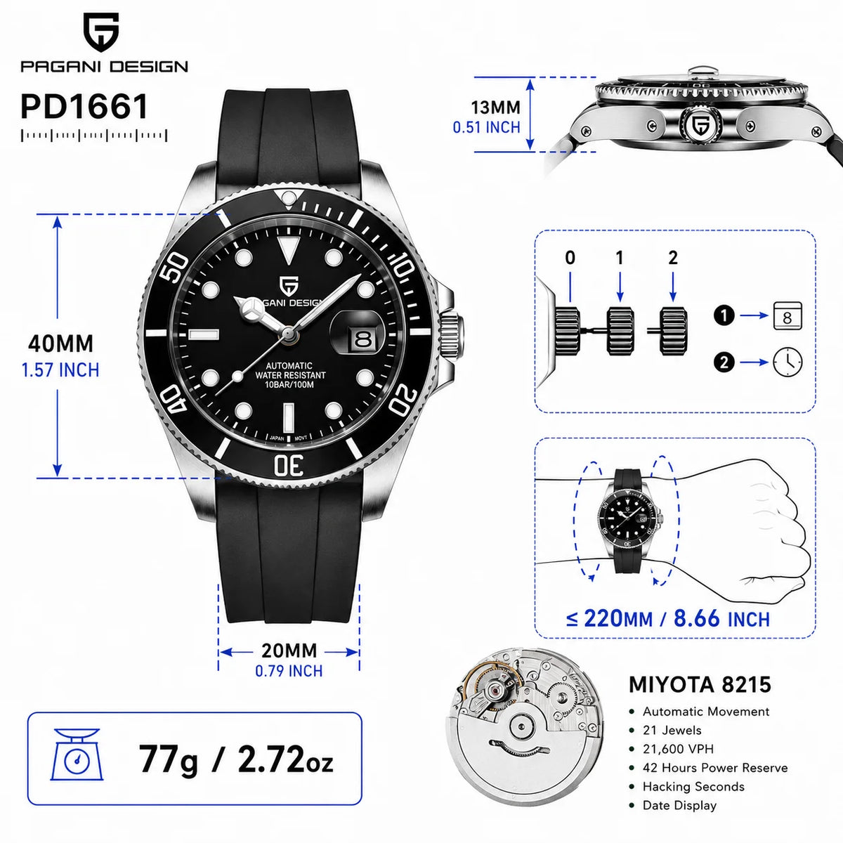 PAGANI DESIGN Men Watches Automatic Watch Mechanical Watch Sapphire Glass Stainless Steel Luminous Date Reloj Hombre Luxury Wris