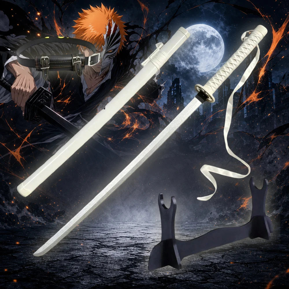40inch 101cm Katana Sword Bleach Ichigo Zangetsu White Bankai Blade Wood Bamboo Japanese Samurai Anime Cosplay Prop Stand Belt Ribbon Set Real Size Otaku Collectible Gift Toy Display Bushido Ninja Knife Schwert Sabre