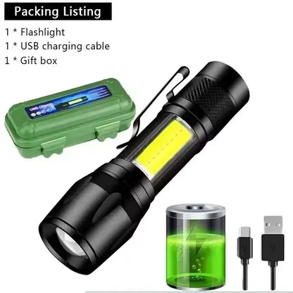 LED+COB Portable Flashlight Zoomable Small Torch USB Rechargeable Outdoor Camping Fishing Long Range Camping Emergency Lantern