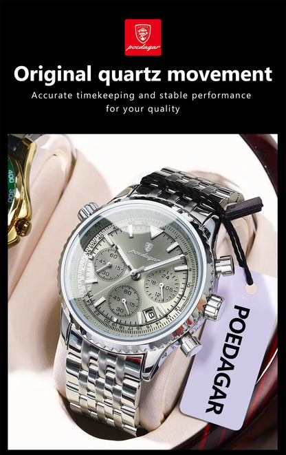 POEDAGAR Luxury Fashion Men Watch Stainless Steel Waterproof Luminous Quartz Male Clock Date Chronograph Military Men's Watches