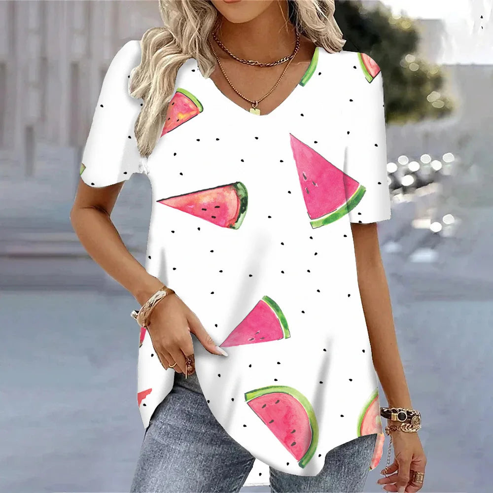 3D Watermelon Printed Women's V-neck Tee Shirts Summer Cool Short Sleeves Tops Fashion Casual Loose Pullovers Female T-shirts