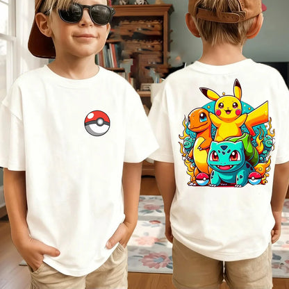 Summer Pokémon AnimeT-shirts Boys Pure Cotton Short-sleeved Top Casual Suitable for Both Boys and Girls, Parent-child Outfits.