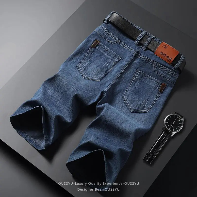 2026 Summer Thin Men's Jeans Shorts Cotton Straight Casual Baggy Knee Pants Trendy Work Cargo Bermuda Mid-Length Denim Jorts Man
