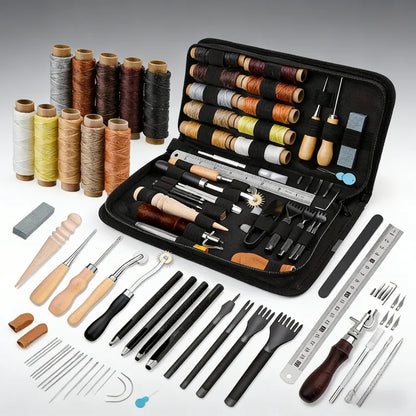 Shoe leather sewing kit with awl, hand sewn needle and thread, leather craft kit, sofa repair, leather bag production