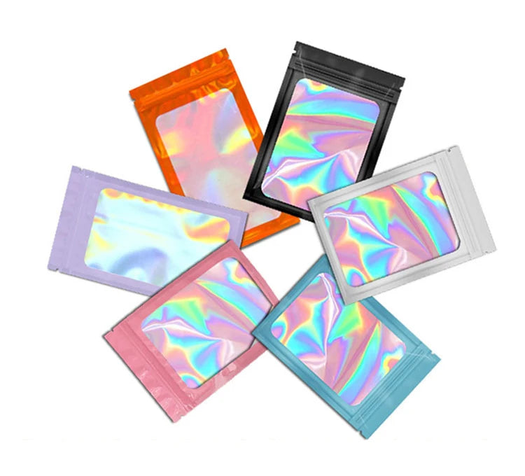 50pcs pack Mylar Bags Laser Color Plastic Packaging Mini Pouch Resealable ZipLock Smell Proof Coffee Herb Powder
