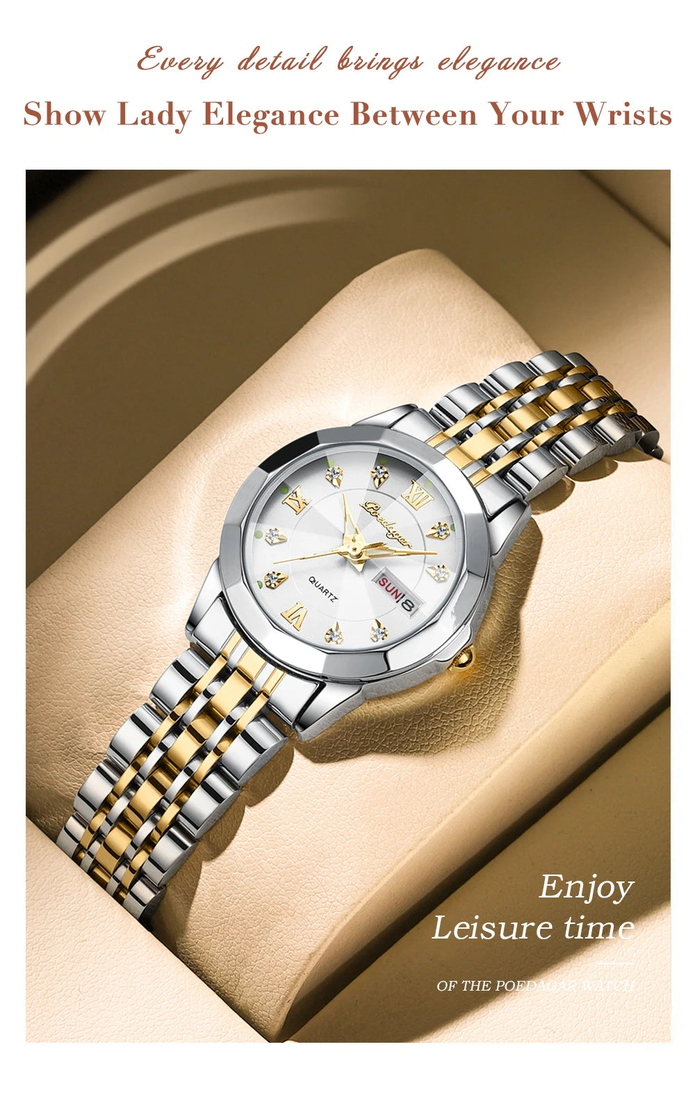 POEDAGAR Luxury Brand Women's Watches Waterproof Luminous Date Week Quartz Watch For Woman Stainless Steel Fashion Ladies Watch