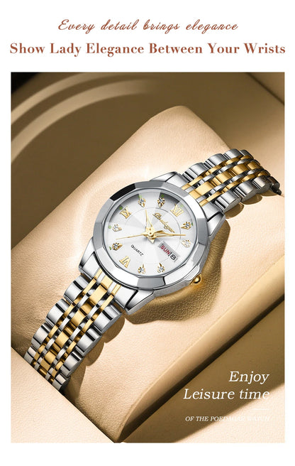POEDAGAR Luxury Brand Women's Watches Waterproof Luminous Date Week Quartz Watch For Woman Stainless Steel Fashion Ladies Watch