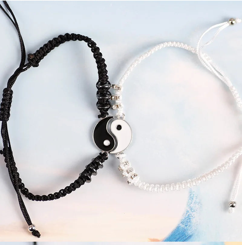 Couple Bracelets Rings Yin Yang Tai Chi Alloy Pendant Adjustable Braid Chain Necklace Matching Lover Bracelet Necklace Earring