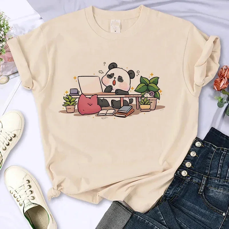 Cartoon Casual Creative T-shirt Vintage Round Neck Clothes Funny Cute Panda Printed T Shirt for Women Summer Sleeve