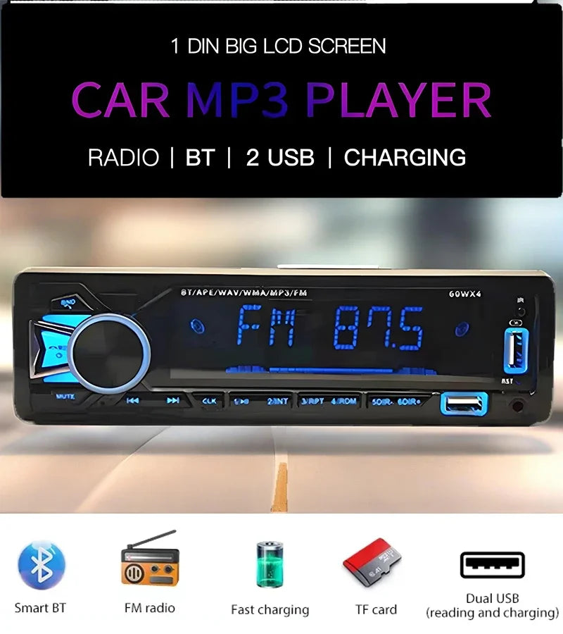 12V 1din Car MP3 Player Dual USB Bluetooth Stereo Radio Audio FM TF AUX IN Receiver in Dash Multimedia Player with remote