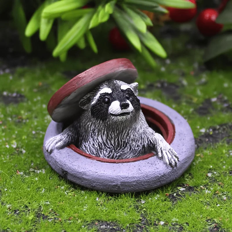 Cute Resin Raccoon Peeking from Manhole Cover - Mini Garden Collectible for Animal Lovers