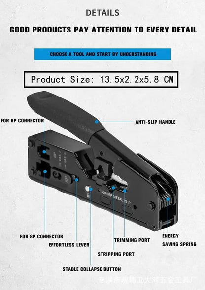 New Rj45 Rj12 Rj11 Pass Through Crimp Plier Cat7 Cat6 Cat6A Cat5 Cat5e Stripping Crimping Tool with 8P/6P Ethernet Connectors