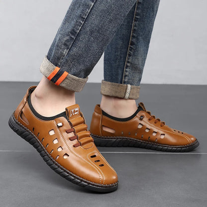 Men's Comfortable Breathable Business Hollow Loafers Slip-On Soft Bottom Sandals Easy Wear Hole Hole Shoes-HT2273