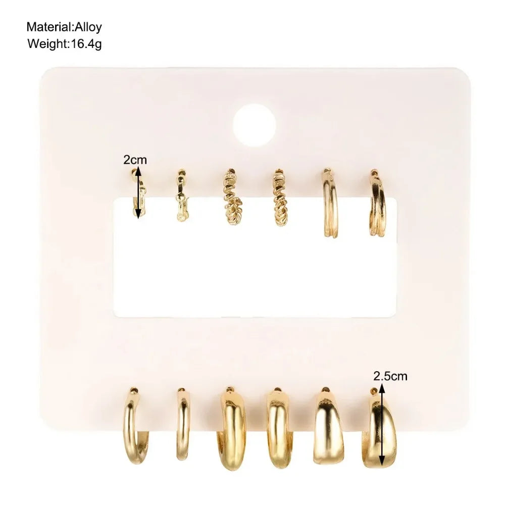 6Pcs/set Stainless Steel Crystal Zirconia Hoop Earring for Women Metal Circle Geometric Cartilage Piercing Earrings Set Jewelry