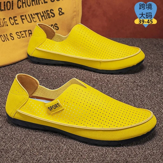 Yellow Breathable Men Loafers Slip On Casual Shoes Summer Hollow Out Driving Moccasins Plus Size 45 Soft Non-slip Flats Footwear