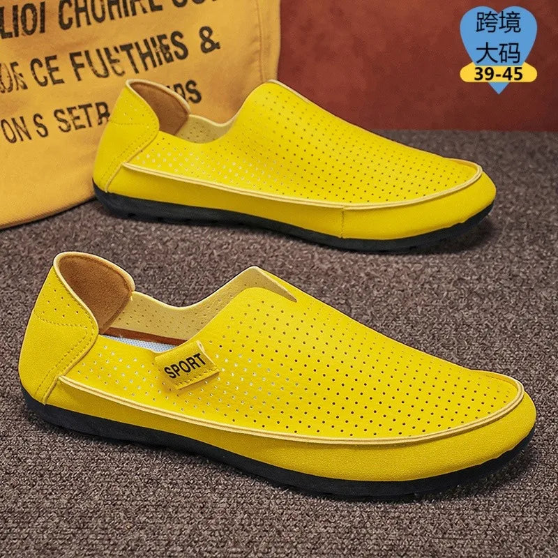 Yellow Breathable Men Loafers Slip On Casual Shoes Summer Hollow Out Driving Moccasins Plus Size 45 Soft Non-slip Flats Footwear