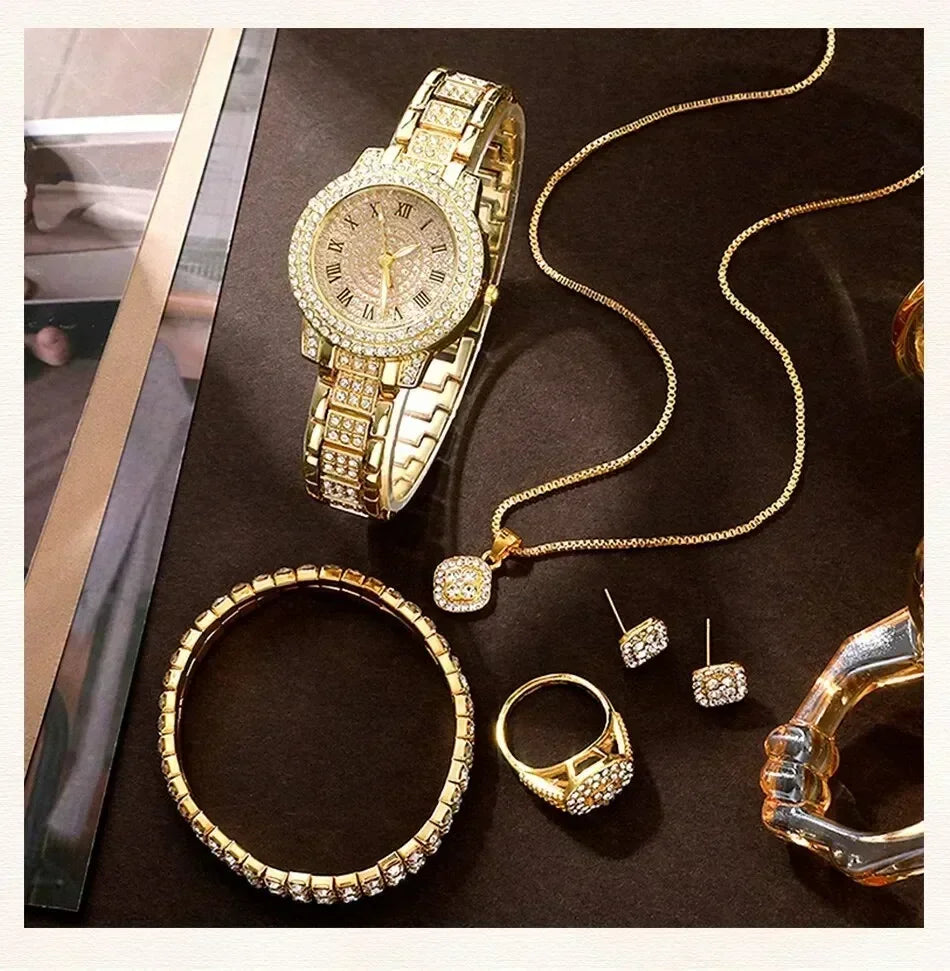 Golden Watch Women Ring Necklace Earrings Rhinestone Fashion Wristwatch Female Casual Ladies Watches Bracelet Set Clock