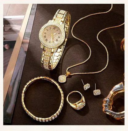 Golden Watch Women Ring Necklace Earrings Rhinestone Fashion Wristwatch Female Casual Ladies Watches Bracelet Set Clock
