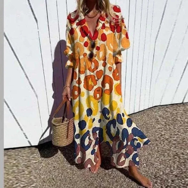 Women's Elegant Plus Size Pleated Short Sleeve V Neck Long Dresses Sweet Style High Waist Printed Dress Female Casual Loose Gown