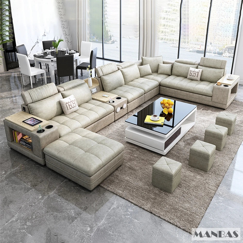 Modern U-Shaped Fabric Couch with Stools, Sectional Sofa Set with Storage Console & Cup Holder, Modular Corner Sofa with Pillows