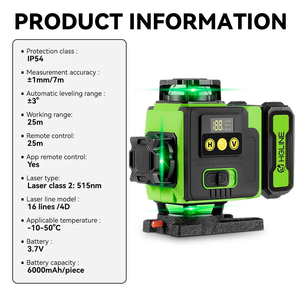 HGLINE 16 Lines Laser Level APP Remote Control Horizontal Vertical Levels Machine Power Display Laser Leveling With 100cm Tripod