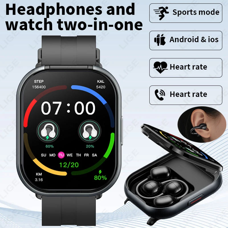 LIGE Bluetooth Headphones with clip-on design 2 In 1 Smartwatch with Earphones Heart Rate Sport Fitness Headset Smart Watch 2026