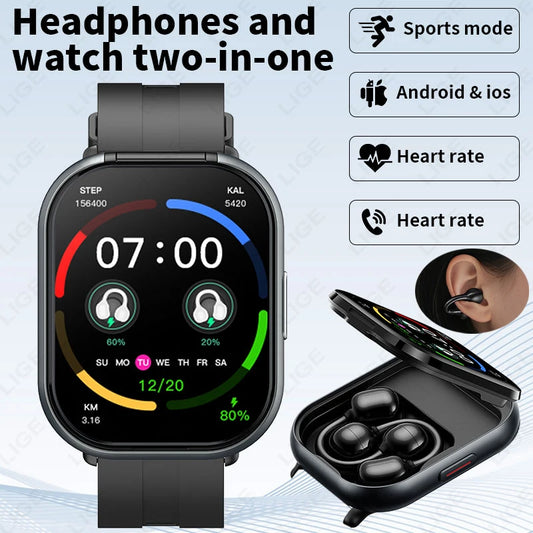 LIGE Bluetooth Headphones with clip-on design 2 In 1 Smartwatch with Earphones Heart Rate Sport Fitness Headset Smart Watch 2026