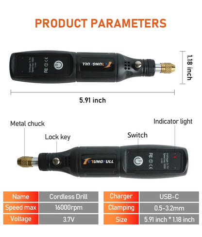 Mini Lithium Electric Drill 3.7V Cordless Rotary Tool for Engraving, Sanding, Polishing, Carving, Cutting, DIY Crafts