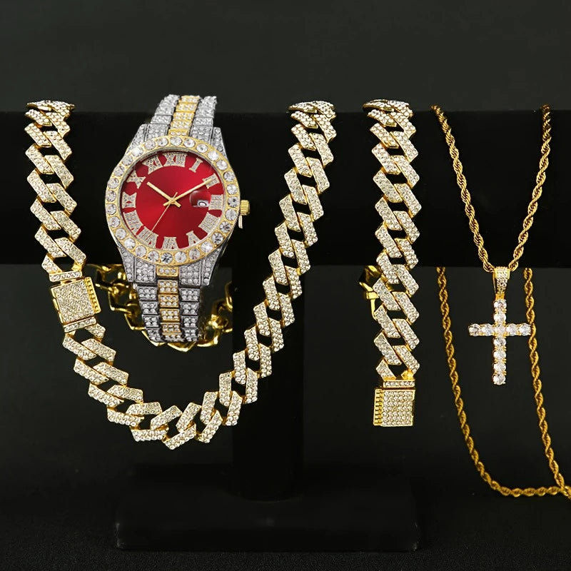 4PCS Luxury Rhinestone Men Quartz Watch Hip-pop Jewelry Set Fashion Roma Dial Calendar Quartz Wristwatch（Without Box）