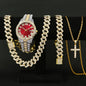 4PCS Luxury Rhinestone Men Quartz Watch Hip-pop Jewelry Set Fashion Roma Dial Calendar Quartz Wristwatch（Without Box）