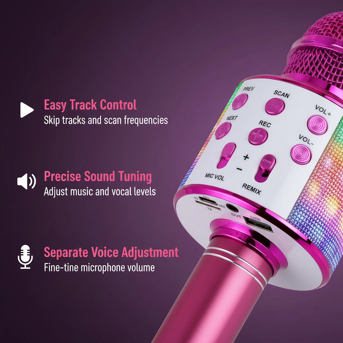 Fun Karaoke Microphone Speaker for Adults Kids, Wireless Bluetooth, Voice Changer, Echo Effect, LED Lights Microphone for Party
