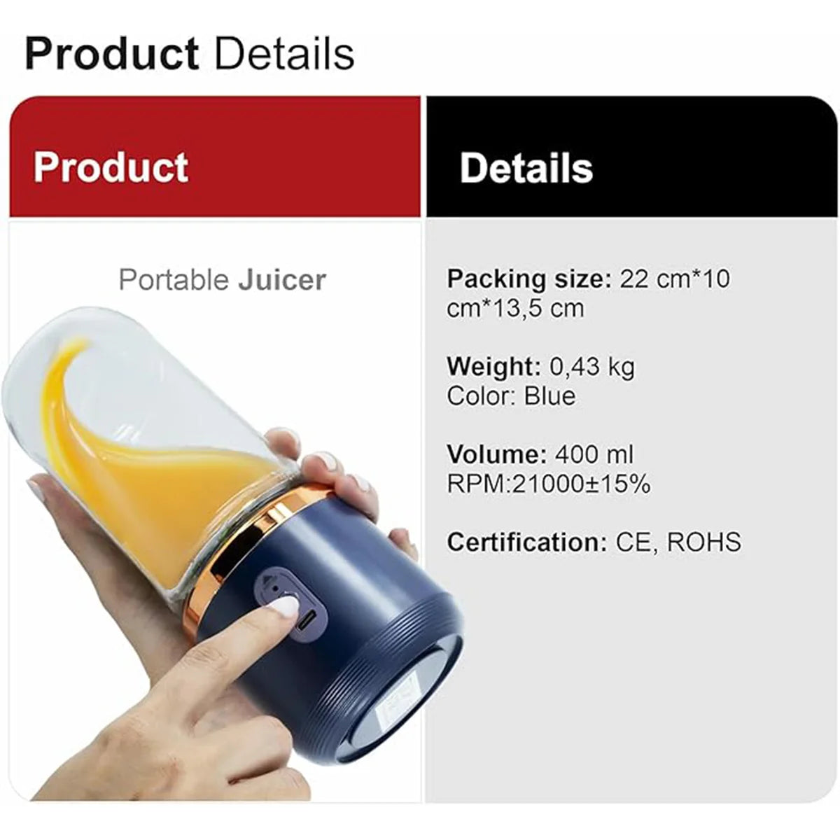 400ml Portable Blender, USB Rechargeable Personal Juicer Cup for Smoothies & Shakes