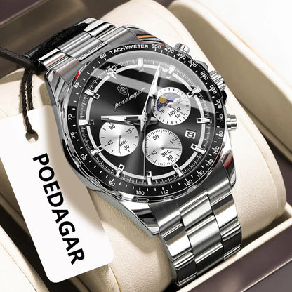 POEDAGAR Top Original Man Wristwatch Waterproof Stainless Steel Luminous Men Clock Chronograph Date Quartz Sports Men's Watches
