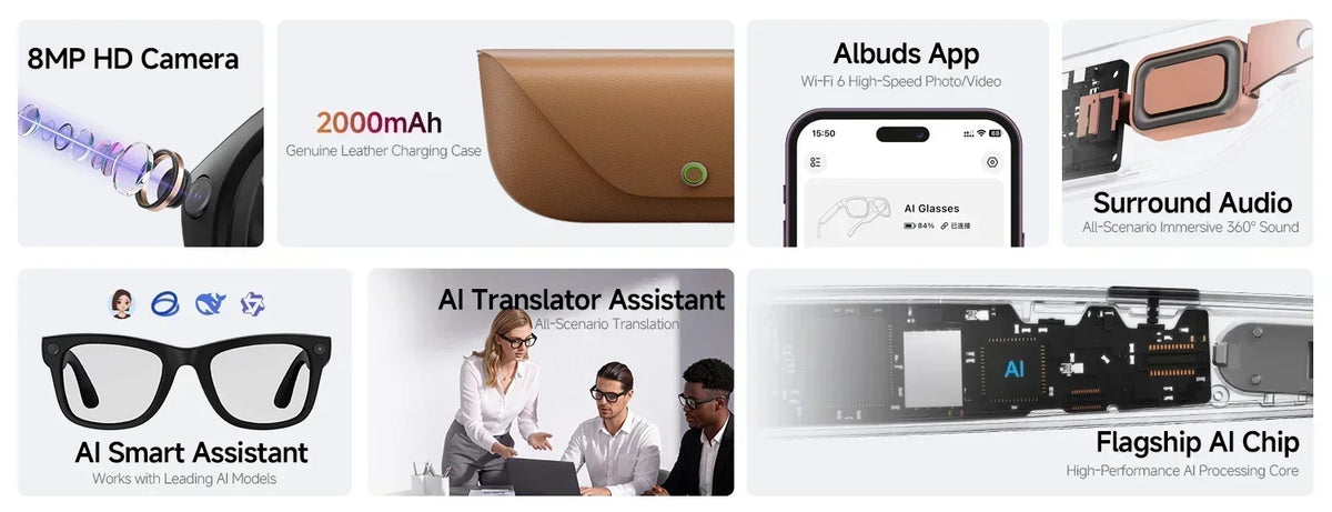 2026 New AI Smart Glasses 8MP HD Camera AI Translator Surround Sound Audio Smart Assistant 2000mAh Charging Case Smart Eyewear