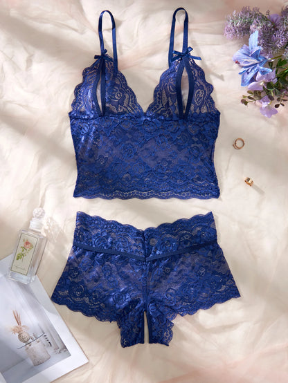 Women Black Open-Back Lace Two-Piece Panties Underwear Sleep Set