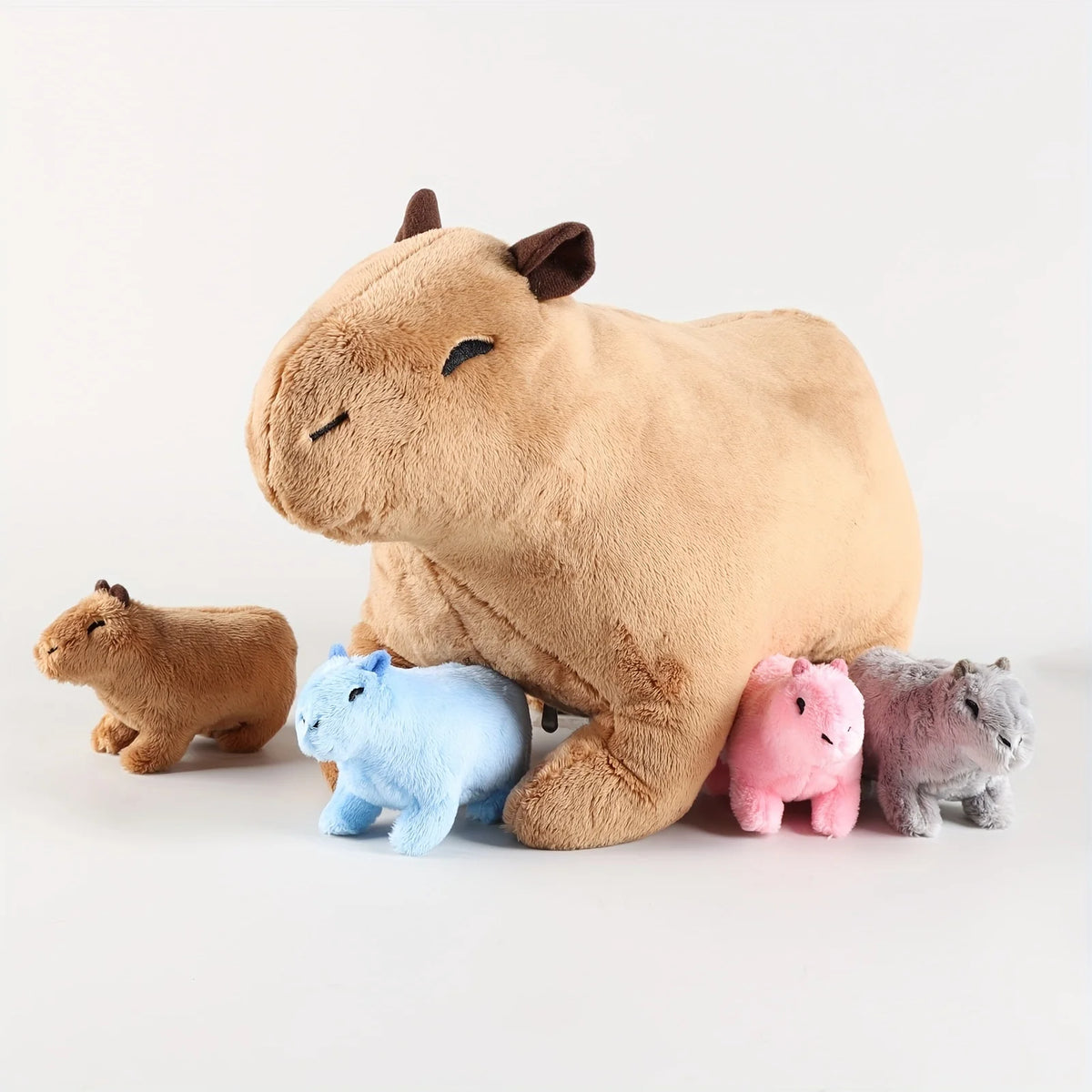 Kawaii Simulation Capybara Stuffed Animal-13.38'' Mommy Stuffed Capybara with 4 Baby Stuffed Animals Inside Zipper Tummy
