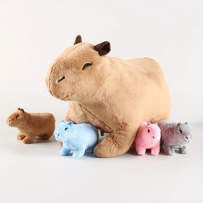 Kawaii Simulation Capybara Stuffed Animal-13.38'' Mommy Stuffed Capybara with 4 Baby Stuffed Animals Inside Zipper Tummy